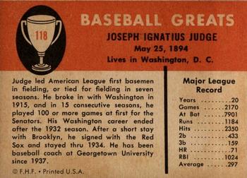 1961 Fleer Baseball Greats (F418-3) #118 Joe Judge Back
