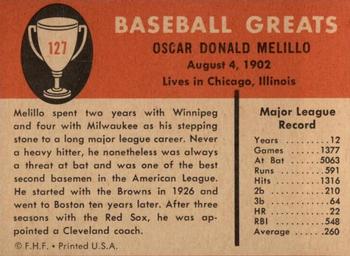 1961 Fleer Baseball Greats (F418-3) #127 Oscar Melillo Back