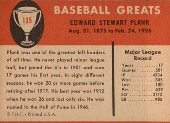 1961 Fleer Baseball Greats (F418-3) #135 Eddie Plank Back