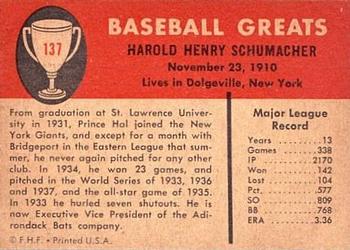 1961 Fleer Baseball Greats (F418-3) #137 Hal Schumacher Back