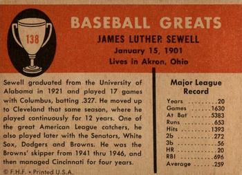 1961 Fleer Baseball Greats (F418-3) #138 Luke Sewell Back