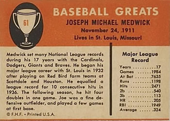 1961 Fleer Baseball Greats (F418-3) #61 Joe Medwick Back