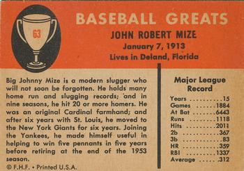 1961 Fleer Baseball Greats (F418-3) #63 Johnny Mize Back