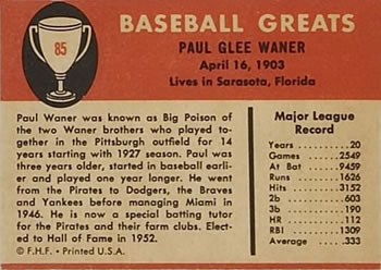 1961 Fleer Baseball Greats (F418-3) #85 Paul Waner Back