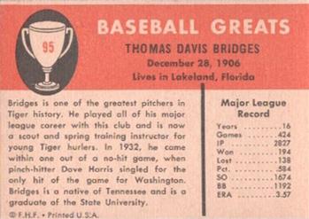 1961 Fleer Baseball Greats (F418-3) #95 Tommy Bridges Back