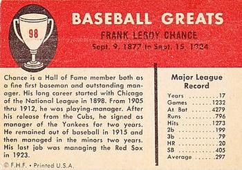 1961 Fleer Baseball Greats (F418-3) #98 Frank Chance Back