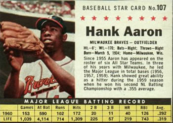 1961 Post Cereal (F278-33) #107 Hank Aaron Front