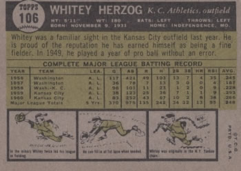 1961 Topps #106 Whitey Herzog Back