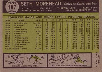 1961 Topps #107 Seth Morehead Back
