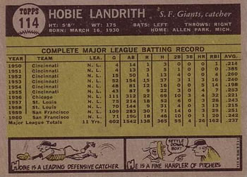 1961 Topps #114 Hobie Landrith Back