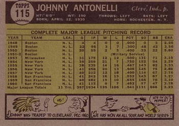 1961 Topps #115 Johnny Antonelli Back