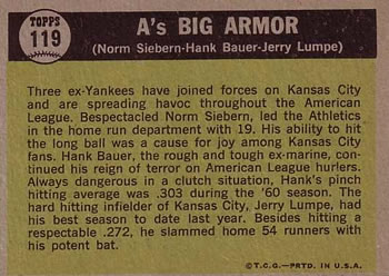 1961 Topps #119 A's Big Armor (Hank Bauer / Jerry Lumpe / Norm Siebern) Back