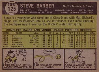1961 Topps #125 Steve Barber Back