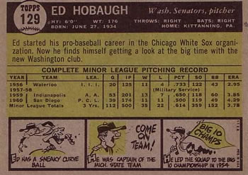 1961 Topps #129 Ed Hobaugh Back