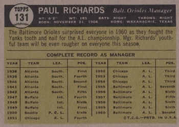 1961 Topps #131 Paul Richards Back