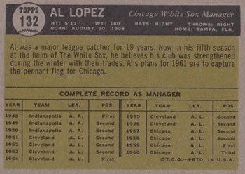 1961 Topps #132 Al Lopez Back