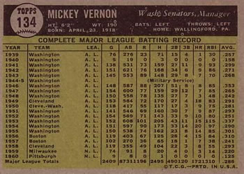 1961 Topps #134 Mickey Vernon Back