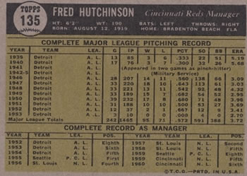 1961 Topps #135 Fred Hutchinson Back