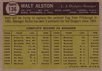 1961 Topps #136 Walt Alston Back