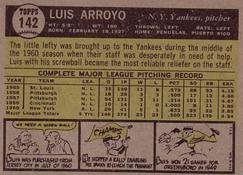 1961 Topps #142 Luis Arroyo Back