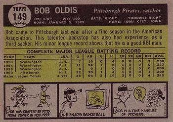 1961 Topps #149 Bob Oldis Back