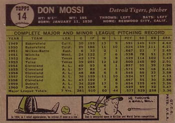 1961 Topps #14 Don Mossi Back