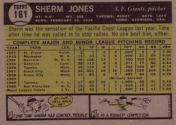 1961 Topps #161 Sherman Jones Back