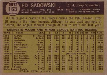 1961 Topps #163 Ed Sadowski Back