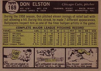 1961 Topps #169 Don Elston Back