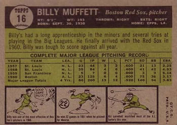 1961 Topps #16 Billy Muffett Back