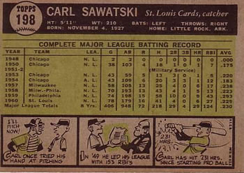 1961 Topps #198 Carl Sawatski Back