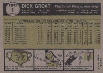1961 Topps #1 Dick Groat Back
