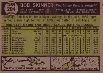 1961 Topps #204 Bob Skinner Back