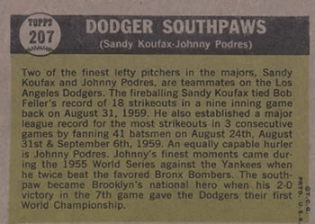 1961 Topps #207 Dodger Southpaws (Sandy Koufax / Johnny Podres) Back