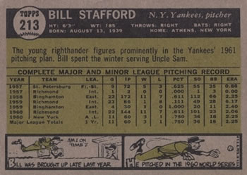 1961 Topps #213 Bill Stafford Back