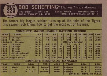1961 Topps #223 Bob Scheffing Back