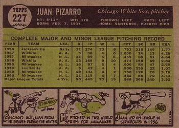 1961 Topps #227 Juan Pizarro Back