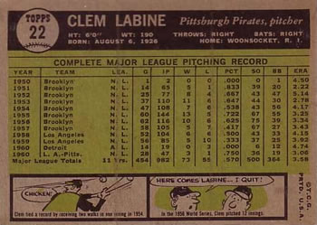 1961 Topps #22 Clem Labine Back