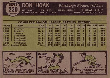 1961 Topps #230 Don Hoak Back