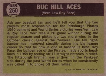 1961 Topps #250 Buc Hill Aces (Vern Law / Roy Face) Back