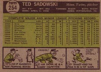 1961 Topps #254 Ted Sadowski Back