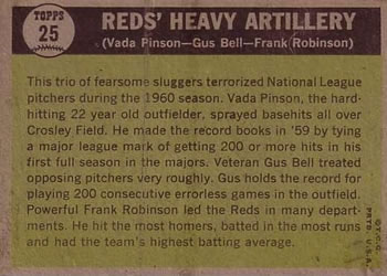 1961 Topps #25 Reds' Heavy Artillery (Gus Bell / Vada Pinson / Frank Robinson) Back