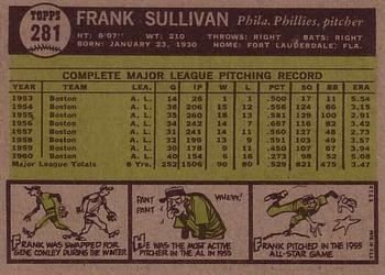 1961 Topps #281 Frank Sullivan Back