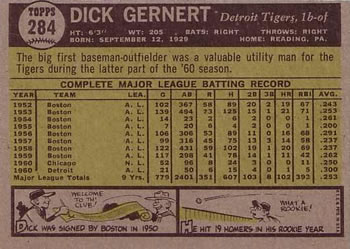 1961 Topps #284 Dick Gernert Back
