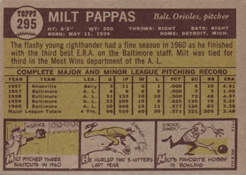1961 Topps #295 Milt Pappas Back