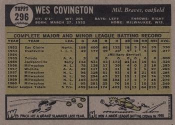 1961 Topps #296 Wes Covington Back