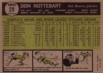 1961 Topps #29 Don Nottebart Back