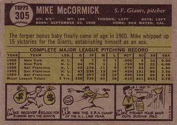 1961 Topps #305 Mike McCormick Back