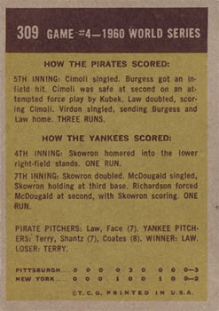 1961 Topps #309 1960 World Series Game #4 - Cimoli Safe In Crucial Play Back