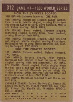 1961 Topps #312 1960 World Series Game #7 - Mazeroski's Homer Wins It! Back